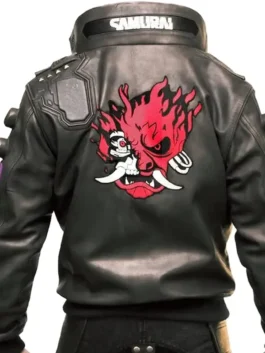 Model view showing the athletic rear silhouette of the brown Cyberpunk 2077 Samurai V Brown Bomber Jacket.