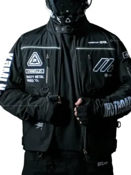 Premium black polyester Cyberpunk Black Cyber Techwear Jacket featuring a distinct futuristic erect collar layout.