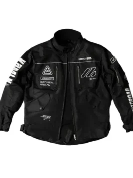Front view of the Cyberpunk Black Cyber Techwear Jacket highlighting the sharp erect collar and zipper closure.