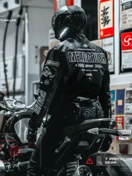 Heavy-duty black utility Cyberpunk Black Cyber Techwear Jacket with a high-density racing silhouette and full sleeves.