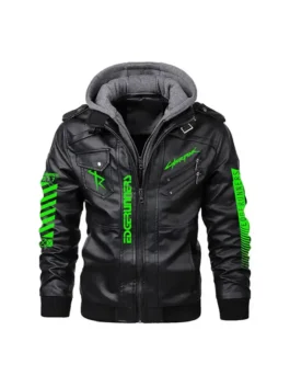 Premium real leather Cyberpunk Black Hooded Leather Jacket with a protective hooded collar and zipper closure.