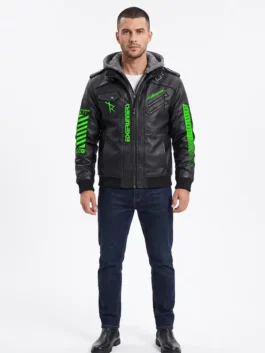 Front view of the Cyberpunk Black Hooded Leather Jacket highlighting the zipper closure and multiple pockets.