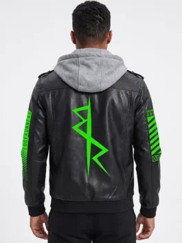 Model view showing the athletic silhouette of the Cyberpunk Black Hooded Leather Jacket with rib knitted cuffs.