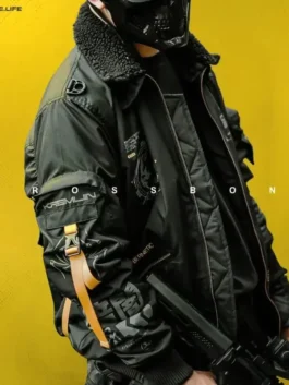 Premium black cotton Cyberpunk Crossbone Techwear Jacket featuring a classic shirt style collar design.