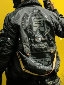 Heavy-duty utility Cyberpunk Crossbone Techwear Jacket in a classic bomber silhouette with snug rib knitted cuffs.