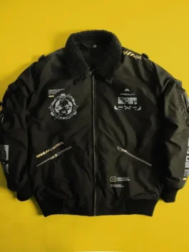Front view of the Cyberpunk Crossbone Techwear Jacket highlighting the secure zipper closure and utility pockets.