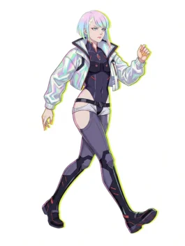 Silver vegan leather Cyberpunk Lucy Cropped Cosplay Jacket with a wide shirt style collar and full sleeves.