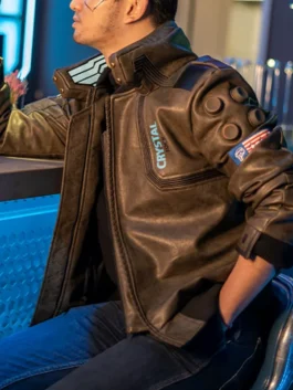 real leather Cyberpunk Edgerunners Samurai Brown Jacket in a classic street-ready bomber style.