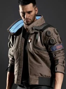 Premium real leather Cyberpunk Edgerunners Samurai Brown Jacket with a sleek stand up collar and zipper closure.