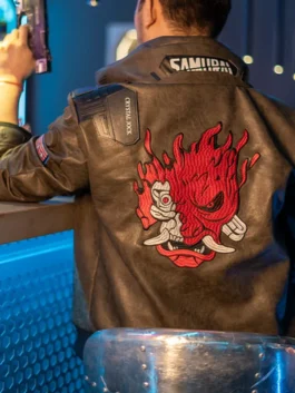 Clean back view of the real leather Cyberpunk Edgerunners Samurai Brown Jacket showing smooth panels and seams.