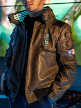 Front view of the Cyberpunk Edgerunners Samurai Brown Jacket highlighting the stand up collar and zipper closure.