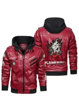 Cyberpunk Game Samurai Red Hooded Leather Jacket in red real leather with hooded collar, zipper closure, rib knitted cuffs and multiple pockets for gaming inspired street style