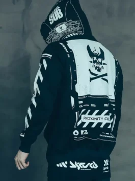 Premium black polyester Cyberpunk Graphic Techwear Jacket with a protective hood and distinct technical prints.