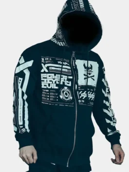 High-density black utility Cyberpunk Graphic Techwear Jacket with snug rib knitted cuffs and full sleeves.
