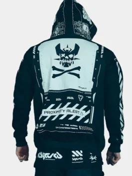 Clean back view of the polyester Cyberpunk Graphic Techwear Jacket showing its structured utility panels and prints.