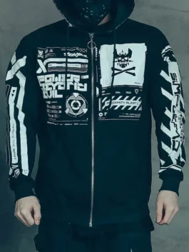 Front view of the Cyberpunk Graphic Techwear Jacket highlighting the secure zipper closure and deep kangaroo pockets.