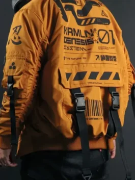 Vibrant polyester Cyberpunk Orange Techwear Bomber Jacket with a sleek rib knitted collar and heavy-duty utility build.