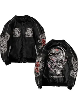 Premium polyester Cyberpunk Japanese Bomber Jacket featuring a distinct rib knitted collar and sleek utility build.