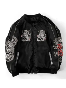 Front view of the Cyberpunk Japanese Bomber Jacket highlighting the zipper closure and rib knitted collar.
