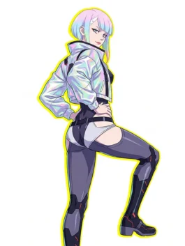 Vibrant silver vegan leather Cyberpunk Lucy Cropped Cosplay Jacket featuring a distinct wide collar design.