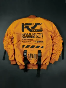 Clean back view of the sleek Cyberpunk Orange Techwear Bomber Jacket showing structured panels and utility seams.