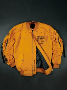 Front view of the Cyberpunk Orange Techwear Bomber Jacket highlighting the secure zipper closure and utility pockets.