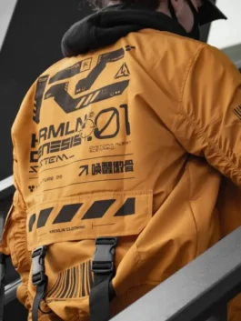Model view showing the athletic rear silhouette of the Cyberpunk Orange Techwear Bomber Jacket with rib knitted cuffs.