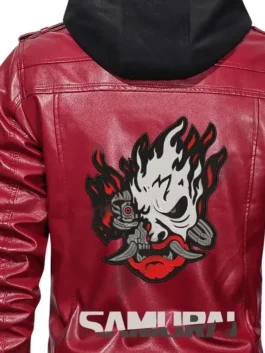 Cyberpunk Samurai Red Gaming Hooded Leather Jacket in bold red real leather with hooded collar, zipper closure, multiple pockets and rib knitted cuffs inspired by Cyberpunk 2077