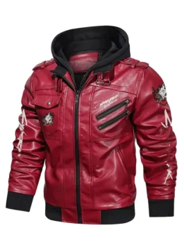 Cyberpunk Samurai Red Hooded Leather Jacket in bold red real leather with hooded collar, zipper closure, multiple pockets and rib knitted cuffs for Night City style