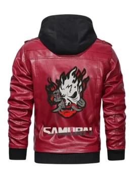 Cyberpunk Samurai Red Hooded Leather Jacket back view showing bold red real leather design with zipper closure and rib knitted cuffs for gaming fans