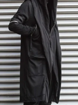 Premium black Cyberpunk Techwear Cape built with a protective hooded collar and full sleeves.