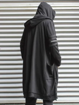 Clean back view of the cotton Cyberpunk Techwear Cape showing its structured draped panels and long technical lines.