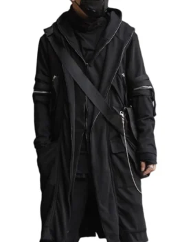 Front view of the Cyberpunk Techwear Cape highlighting the deep hooded collar and secure zipper closure.