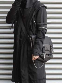 High-density black cotton Cyberpunk Techwear Cape featuring multiple integrated storage pockets.