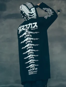 Premium black cotton Cyberpunk Techwear Graphic Long Jacket with a high-density futuristic longline cut.