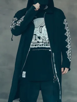 Premium black cotton Cyberpunk Techwear Graphic Long Jacket featuring a deep protective hooded collar layout.