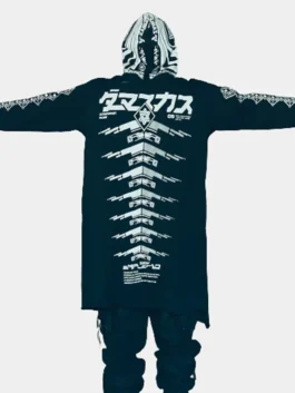 Clean back view of the cotton Cyberpunk Techwear Graphic Long Jacket showing structured longline technical panels.
