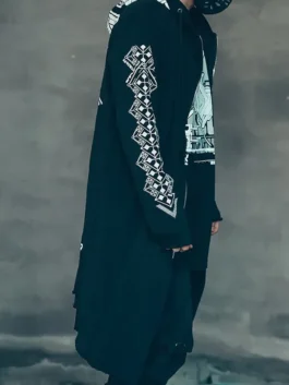 Profile model view showing the athletic silhouette and full sleeves of the Cyberpunk Techwear Graphic Long Jacket.