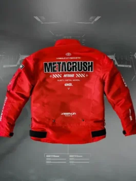 Clean back view of the vibrant real leather Cyberpunk Techwear Red Jacket showing detailed utility paneling and seams.