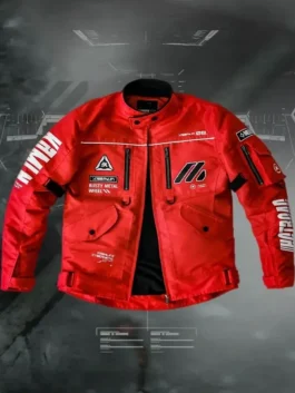 Front view of the Cyberpunk Techwear Red Jacket highlighting the sharp erect collar and heavy-duty zipper closure.