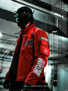 Model view showing the athletic fit of the real leather Cyberpunk Techwear Red Jacket with full-length sleeves.