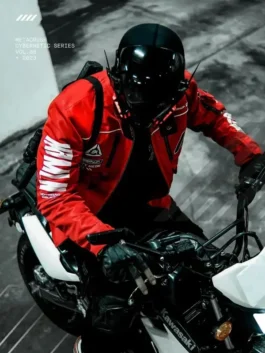 Premium red real leather Cyberpunk Techwear Red Jacket featuring multiple practical utility storage pockets.