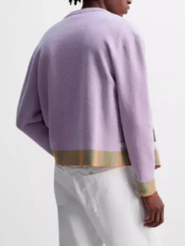 Back view of David Bromstad S19 Lilac Floral Cardigan featuring a clean knit profile and coordinated floral detailing