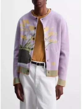 Closure view of David Bromstad S19 Lilac Floral Cardigan highlighting the front fastening, floral knit texture, and stitching