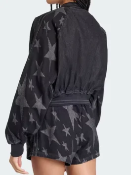 Denim Graphic Varsity Bomber Black Jacket