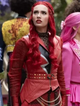 Full look of the red leather Descendants Kylie Cantrall Red Jacket showcasing full length sleeves.