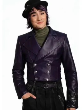 Full look of the purple real leather Descendants Brendon Tremblay Jacket showing a clean front button closure.
