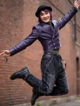Rear view of the purple leather Descendants Brendon Tremblay Jacket displaying tailored seams.