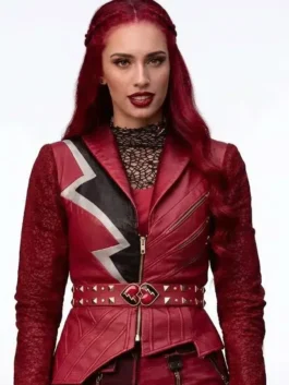 Front view of the red leather Descendants Kylie Cantrall Red Jacket highlighting the front zipper closure.