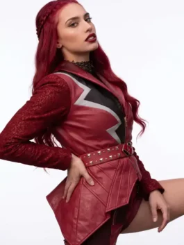 Red real leather Descendants Kylie Cantrall Red Jacket featuring a stylish lapel collar design.